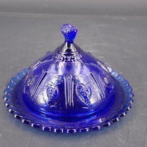 VTG Cobalt Blue Glass Mini Covered Butter Bon Bon Dish Strawberry Designs